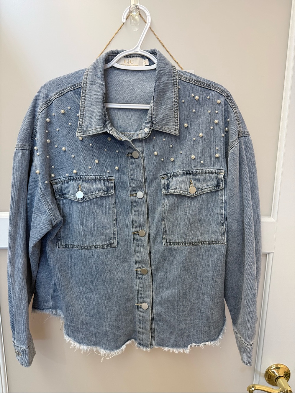 Pearl Detail Denim Shacket Jacket